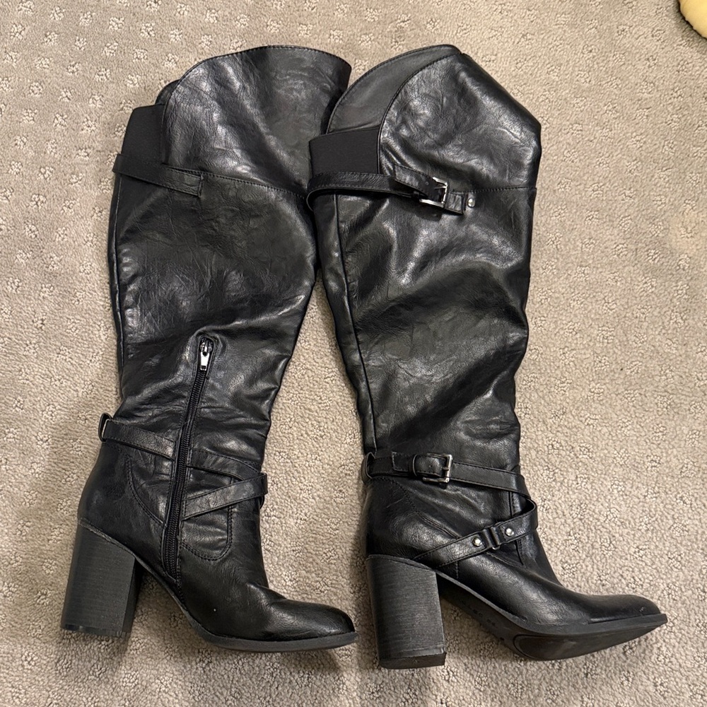 Indigo Black Over the Knee Heeled Boots